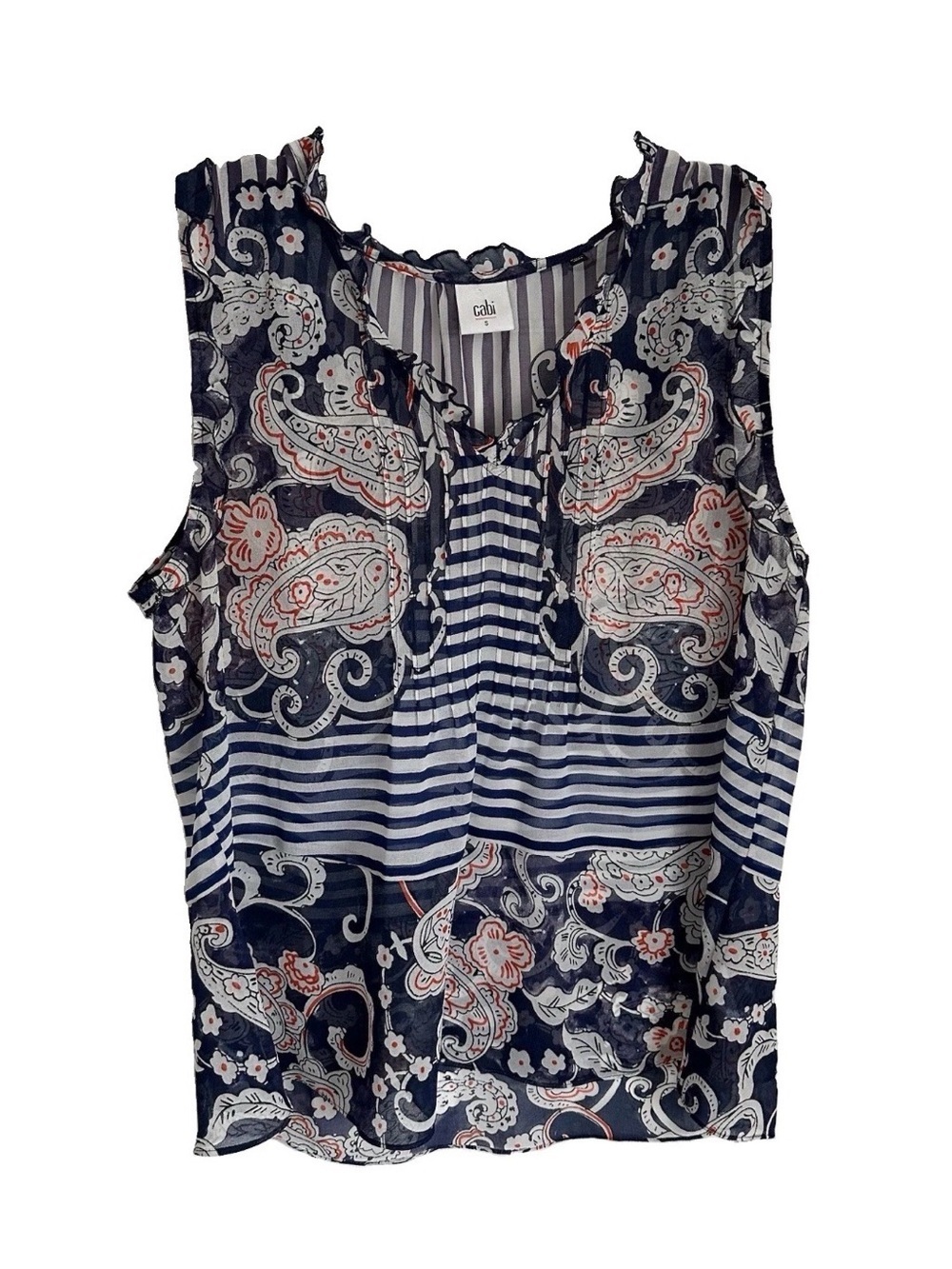 Cabi Floral Paisley Peplum Striped Sheer Ruffle Pleated Top Womens S Boho #5349 - Picture 1 of 10